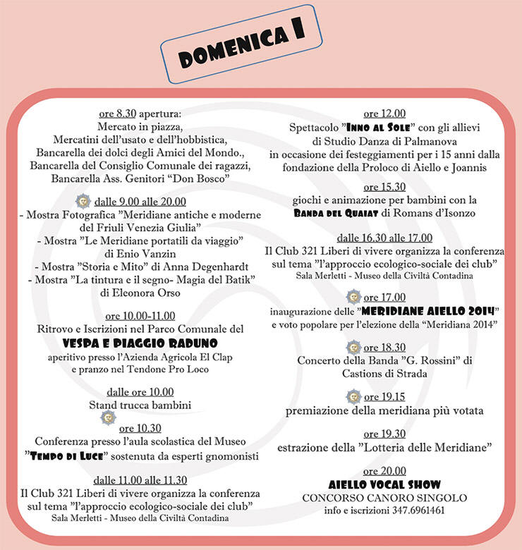 Depliant con programma della Festa delle Meridiane 2014 ad Aiello del Friuli