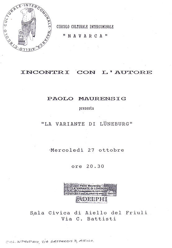 Iniziativa del 27 ottobre 1993: Presentazione del libro "La variante di Luneburg" con Paolo Maurensig