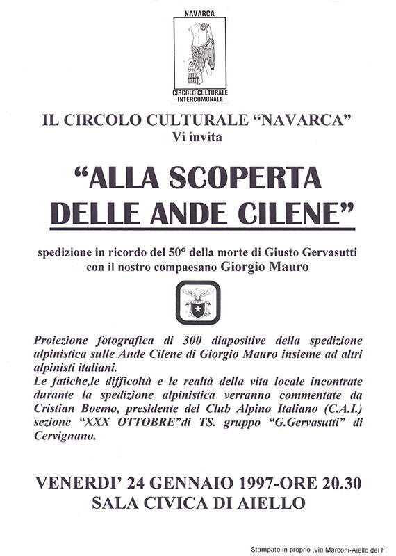 Iniziativa del 24 gennaio 1997: Proiezione fotografica "Alla scoperta delle Ande" con Giorgio Mauro