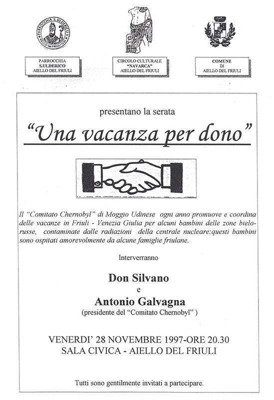 Iniziativa del 28 novembre 1997: Presentazione del Comitato Chernobyl e il progetto "Una vacanza per dono"