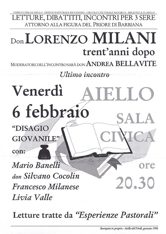 Iniziativa del 6 febbraio 1998: Serata dal titolo "Disagio giovanile" a 30 anni dalla morte di Don Lorenzo Milani
