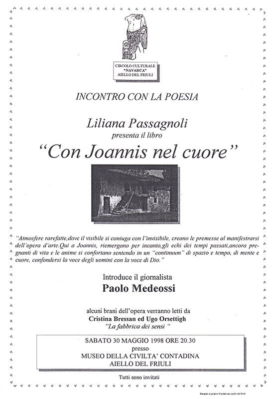 Iniziativa del 30 maggio 1998: Presentazione del libro "Con Joannis nel cuore" di Liliana Passagnoli
