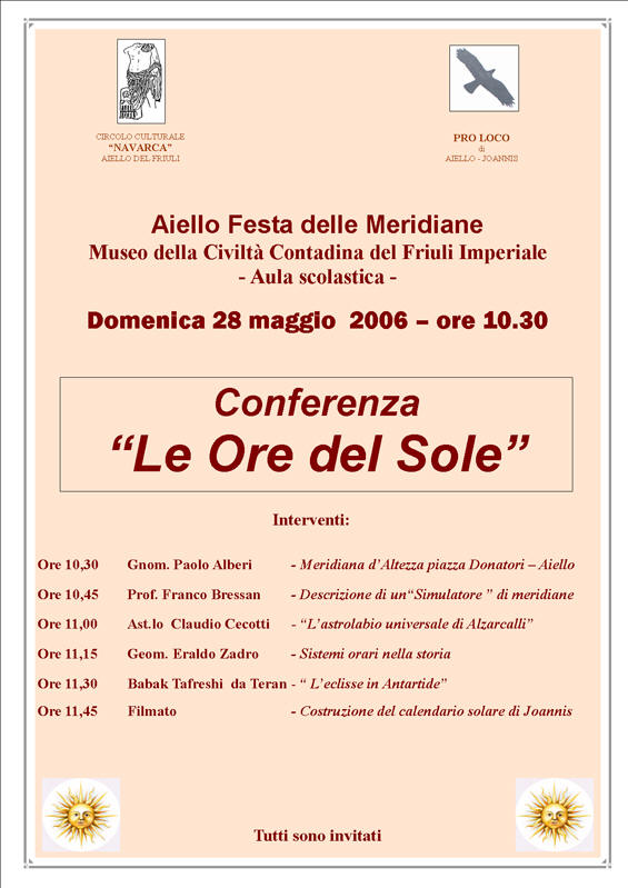 Iniziativa del 28 maggio 2006: Conferenza dal titolo: Le ore del Sole