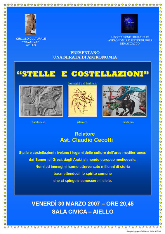 Iniziativa del 30 marzo 2007: Serata d'astronomia dal titolo: Stelle e costellazioni