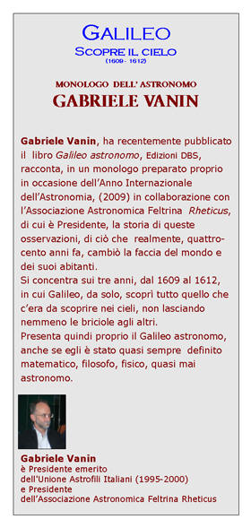 Invito alla serata astronomica dal titolo "Galileo scopre il cielo" con l'astronomo Gabriele Vanin