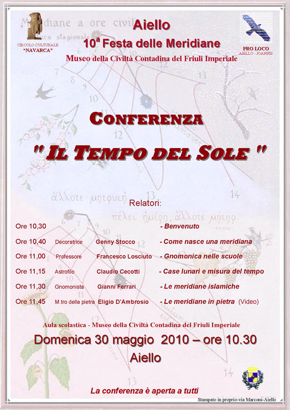 Iniziativa del 30 maggio 2010: Conferenza dal titolo "Il tempo del Sole" nel contesto delle 10 Festa delle meridiane