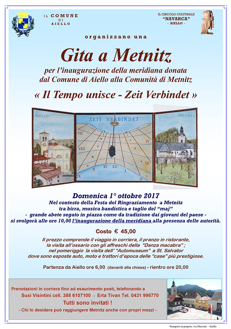Iniziativa del 1 ottobre 2017: gita a Metnitz per l'inaugurazione della meridiana donata dal Comune di Aiello alla Comunit di Metnitz