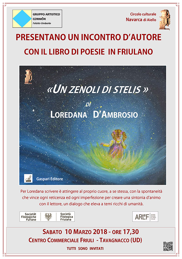 Iniziativa del 10 marzo 2018: presentazione del libro di poesie in friulano "Un Zenoli di Stelis" di Loredana D'Ambrosio a Tavagnacco