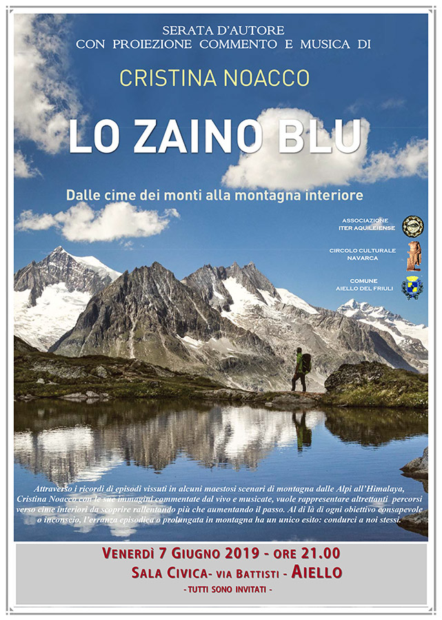Iniziativa del 7 giugno 2019: serata d'autore con Cristina Noacco dal titolo "Lo zaino blu" con musica e proiezione immagini