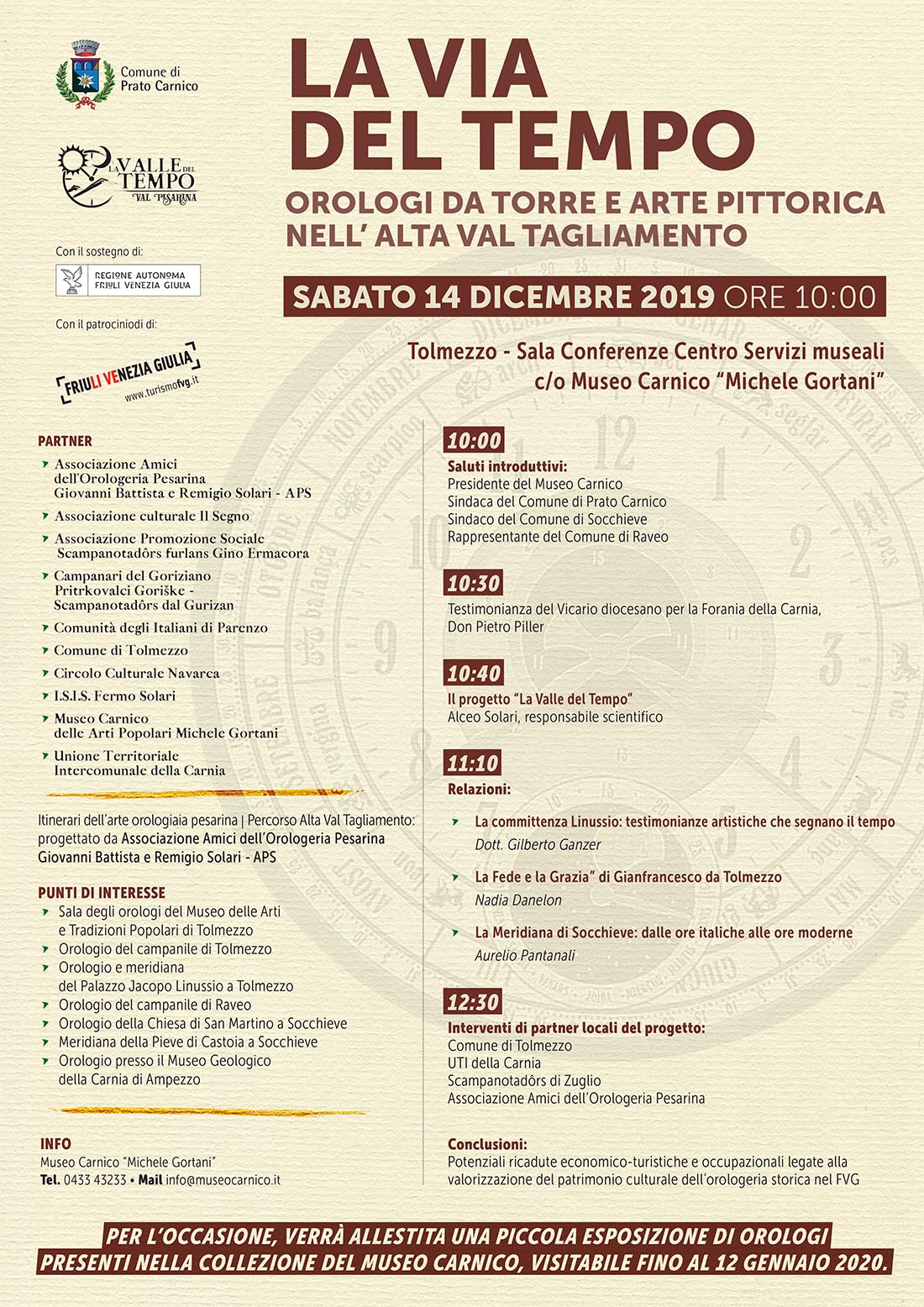 Iniziativa del 14 dicembre 2019: conferenza a Tolmezzo dal titolo "La via del tempo: orologi da torre e arte pittorica nell'alta val Tagliamento"