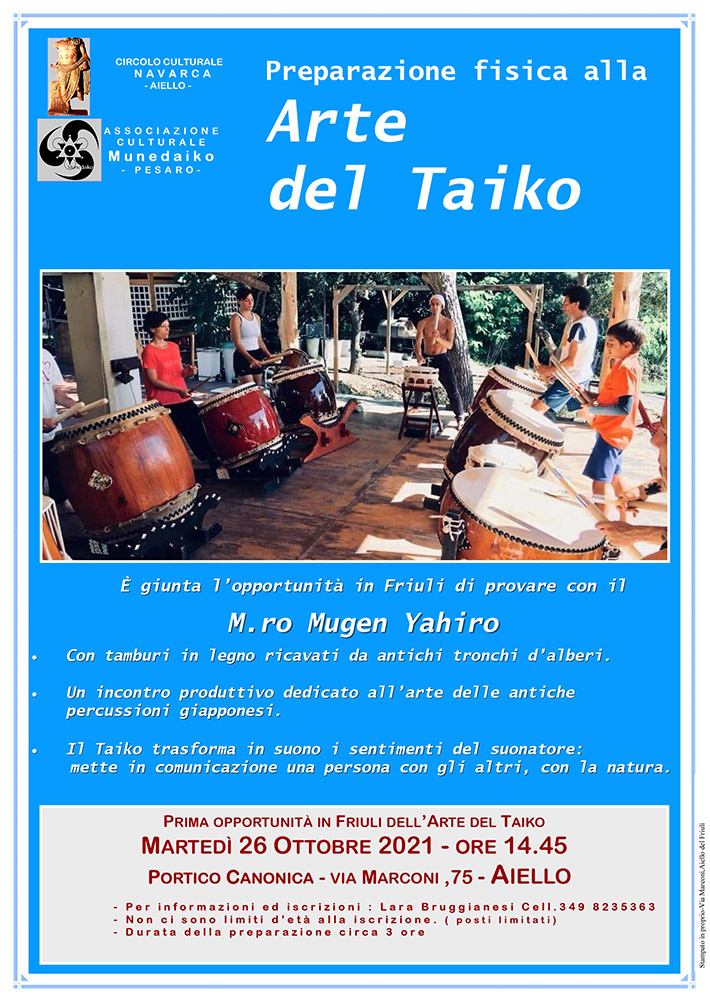 Iniziativa del 26 ottobre 2021: preparazione fisica all'arte del taiko con il maestro Mugen Yahiro