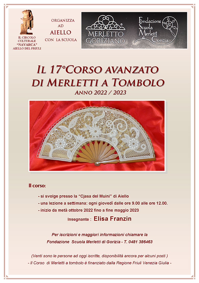 Iniziativa di ottobre-maggio: diciassettesimo corso avanzato di merletti a tombolo ad Aiello del Friuli