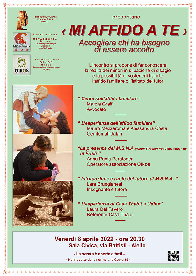 Iniziativa dell'8 aprile: serata dal titolo "Mi affido a te: accogliere chi ha bisogno di essere accolto" con l'associazione Metacometa e Oikos