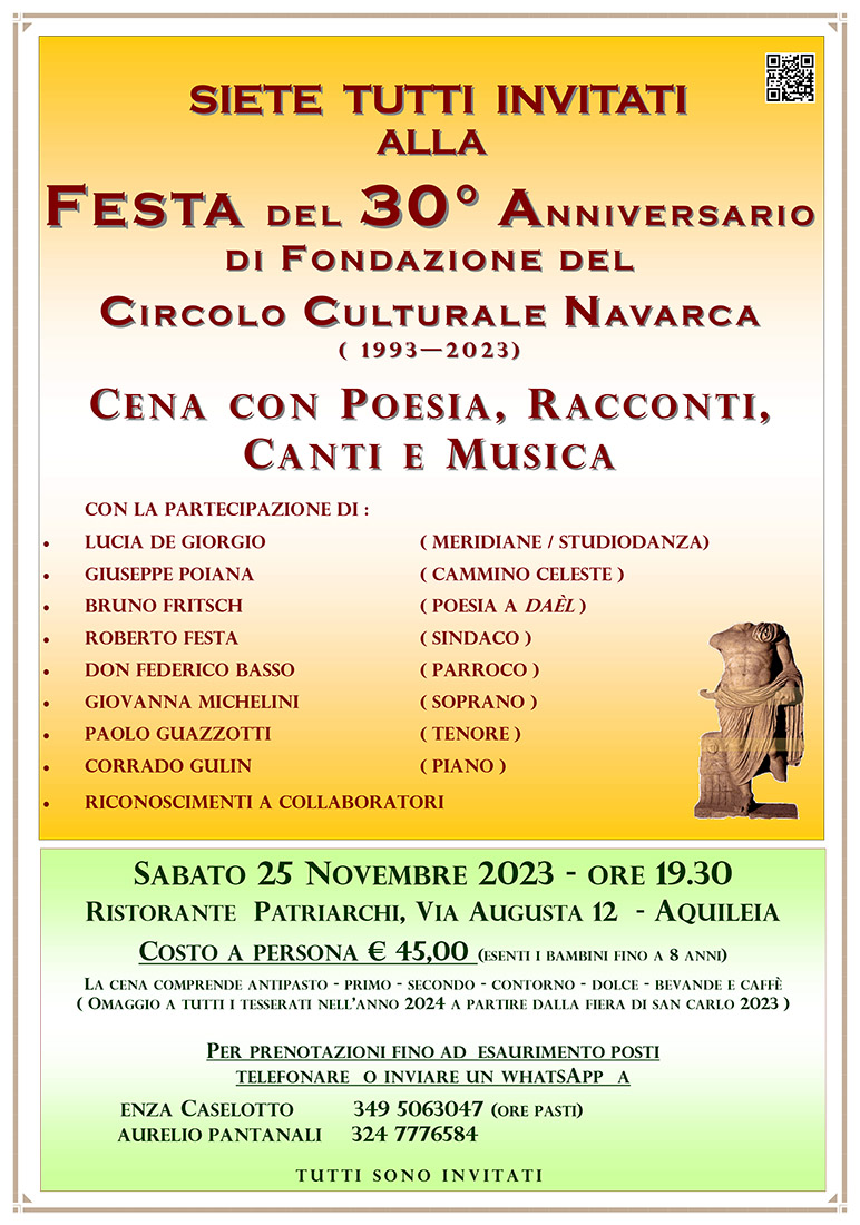 Iniziativa del 25 novembre 2023: festa dei 30 anni di fondazione del Circolo Culturale Navarca (1993-2003)