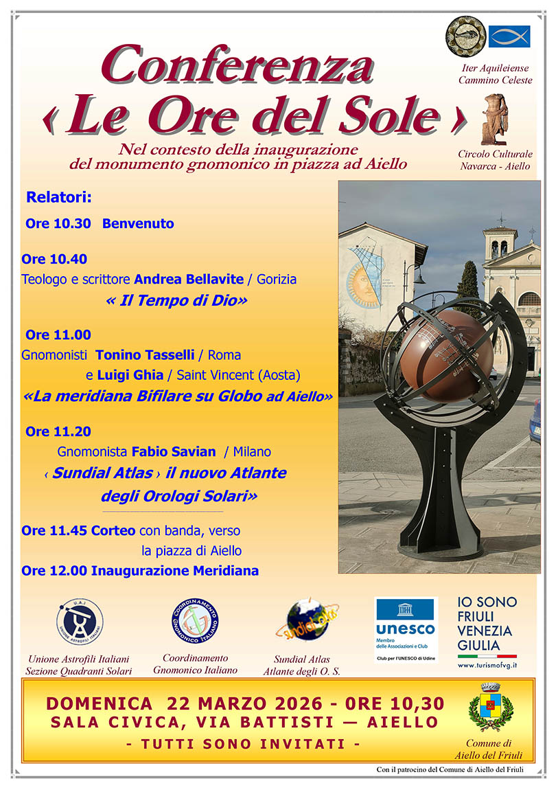 Iniziativa del 22 marzo: conferenza "Le ore del Sole" nel contesto dell'inaugurazione del monumento gnomonico in piazza ad Aiello